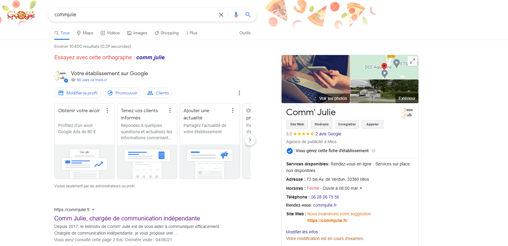 La fiche de Comm' Julie sur Google My Business.