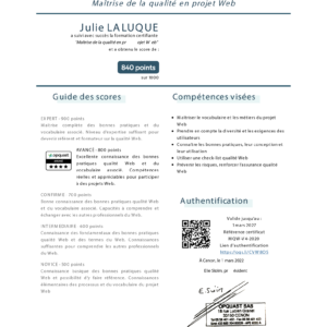 Certificat opquast obtenu par Julie Laluque, en mars 2022.