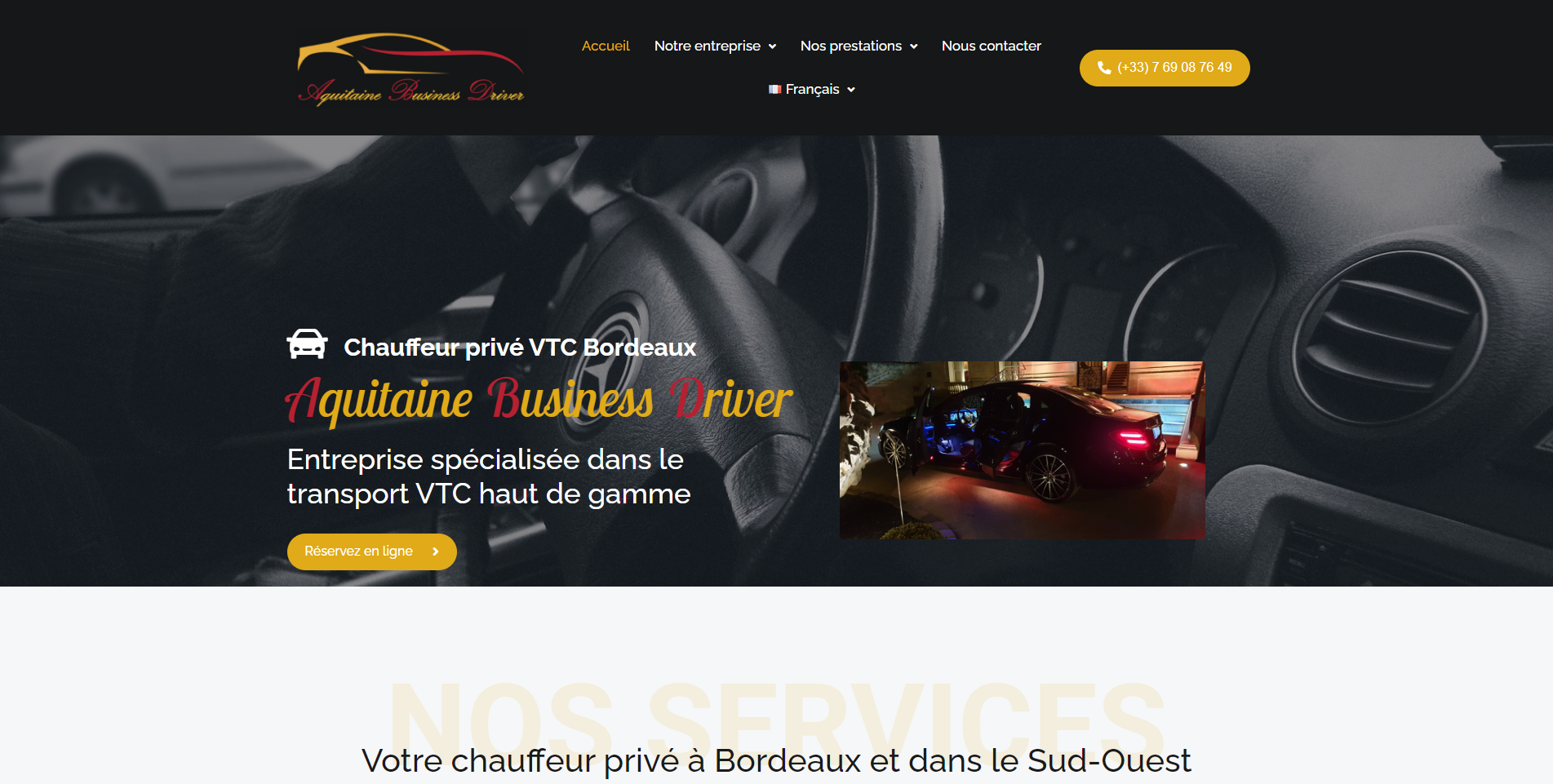 Page d'accueil du site vitrine Aquitaine Business Driver, réalisé par Comm' Julie, agence web sur le bassin d'Arcachon.