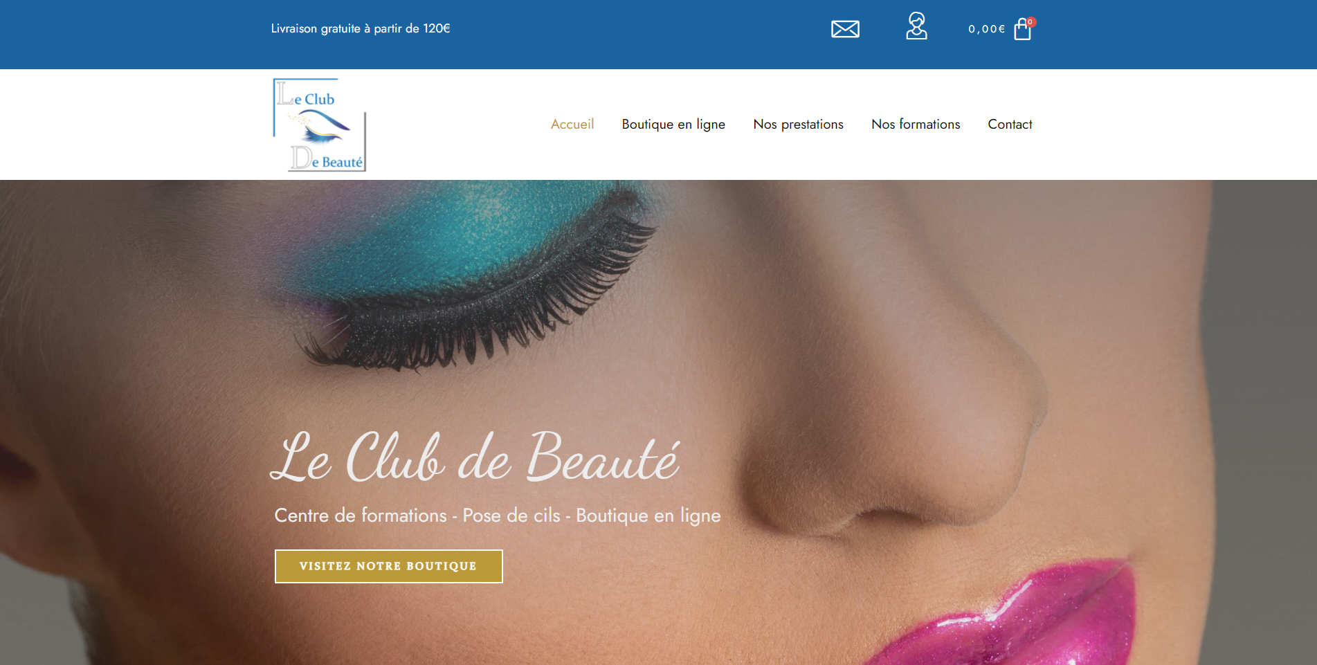 Page d'accueil du site ecommerce Le Club de Beauté, réalisé par Comm' Julie, agence web sur le bassin d'Arcachon.