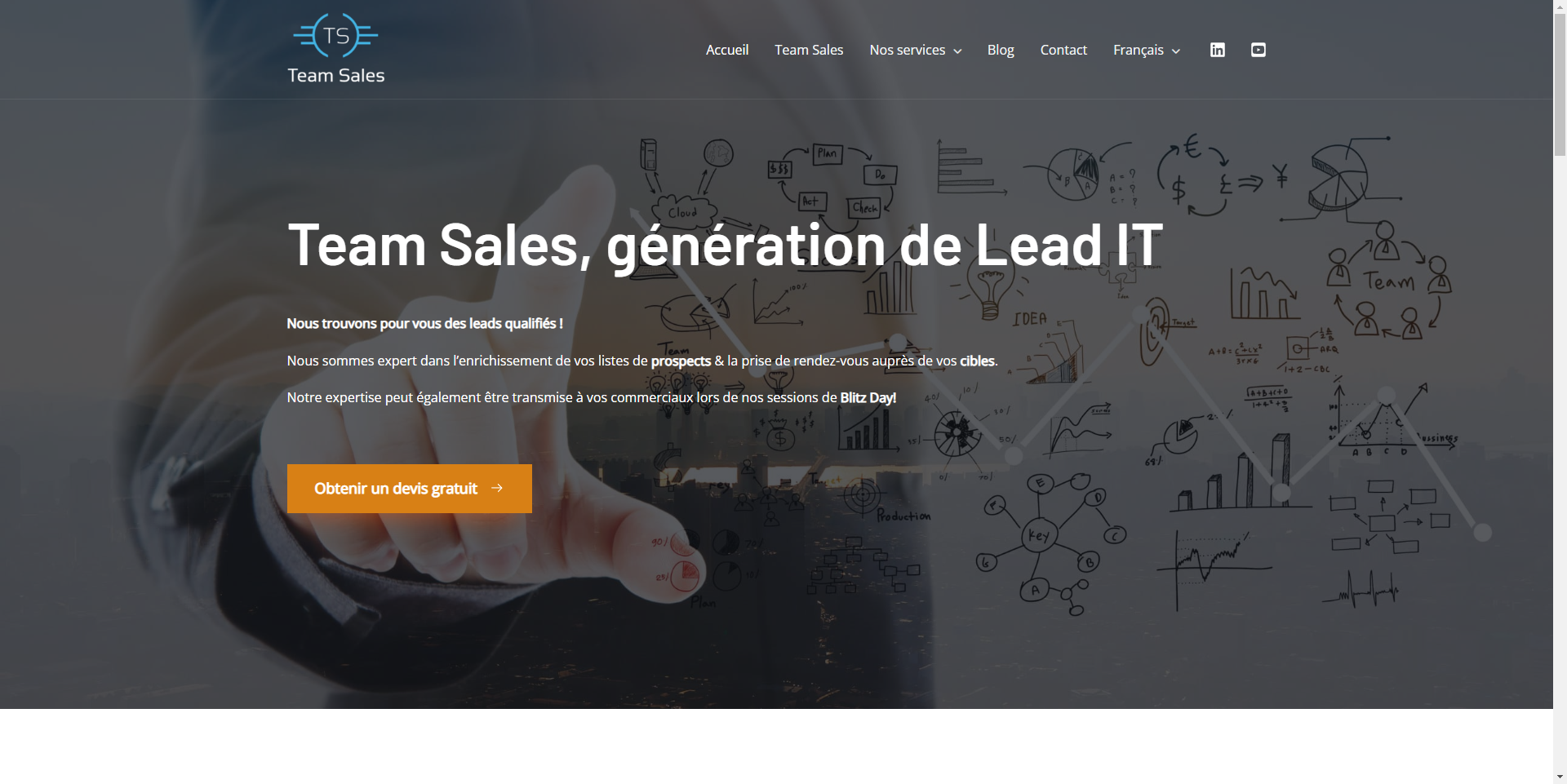 Page d'accueil du site vitrine de Team Sales, réalisé par Comm' Julie, agence web sur le bassin d'Arcachon.