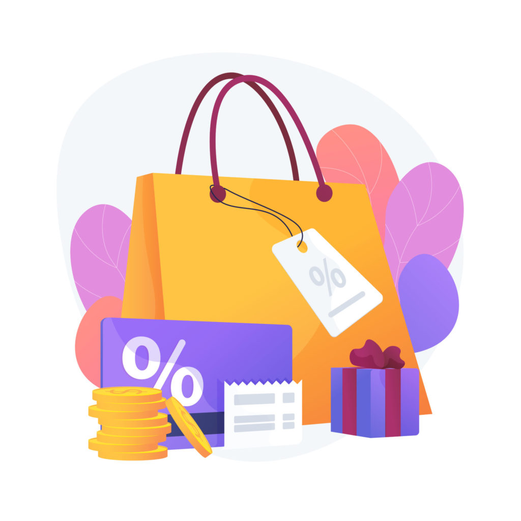 Dessin avec un sac, un coupon de réduction et un cadeau, pour illustrer les achats effectués sur Google Shopping.