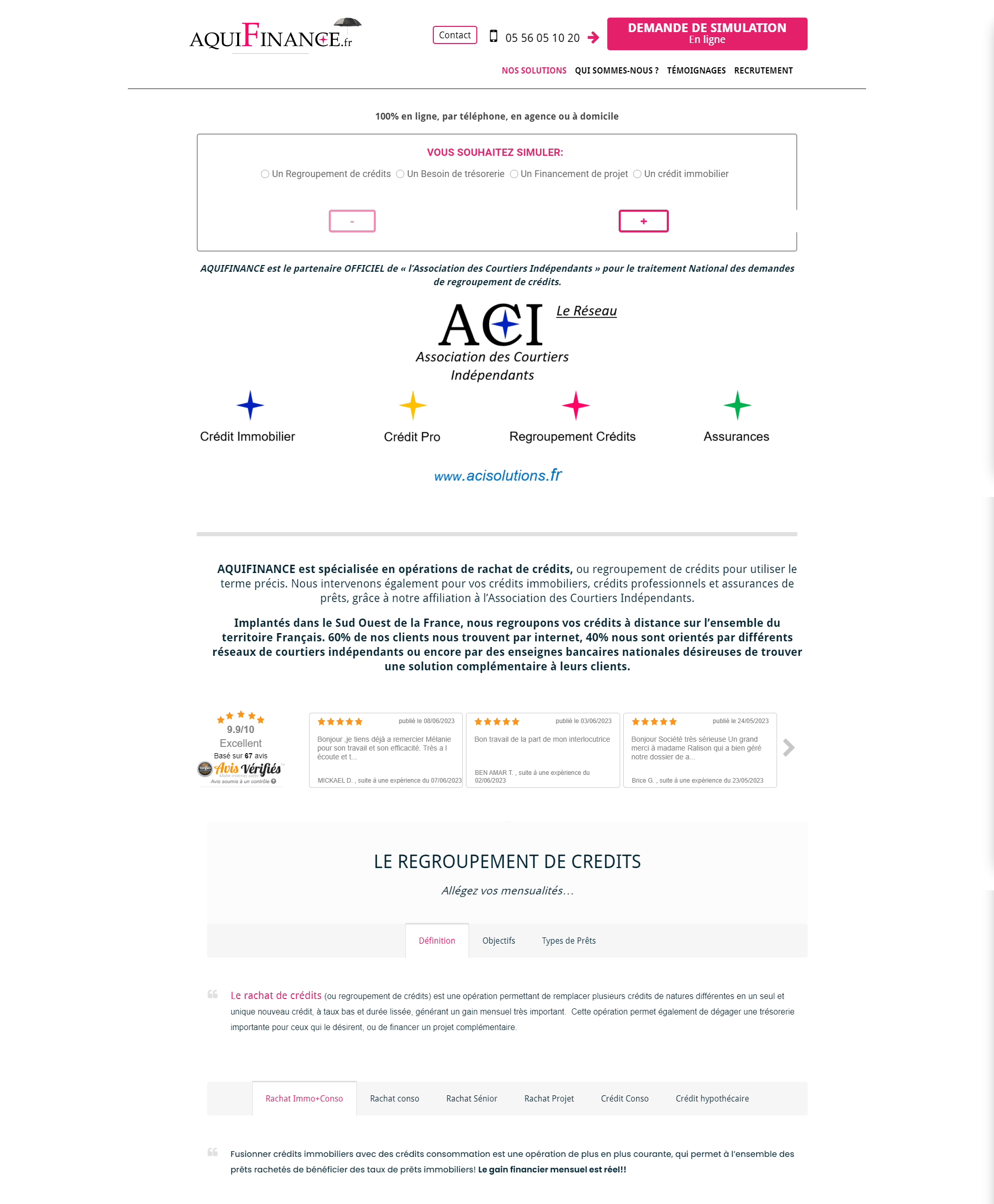 Page d'accueil du site vitrine de Aquifinance, avant la refonte par Comm' Julie.