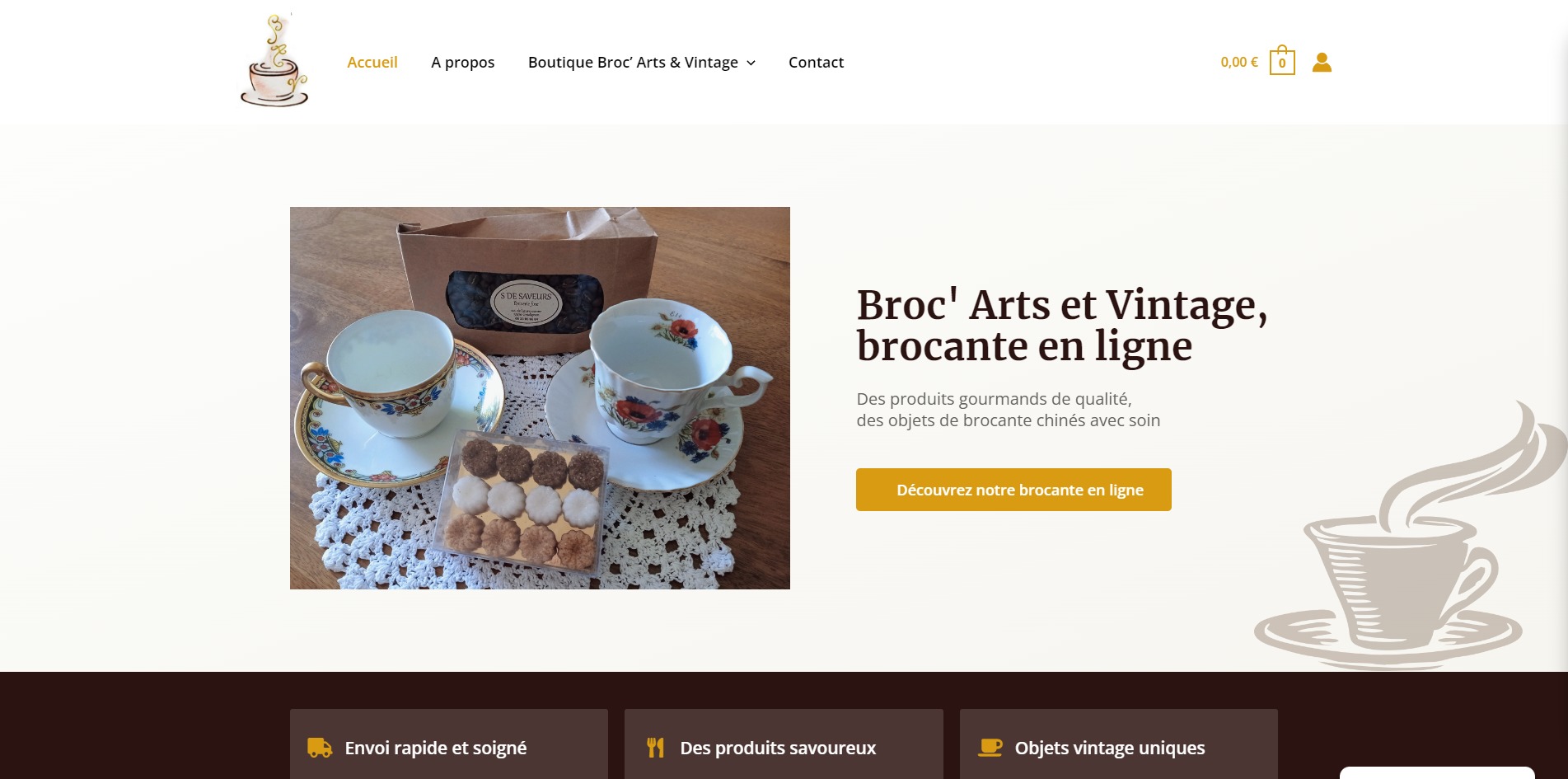 Page d'accueil de la boutique en ligne Broc Arts et Vintage, créée par l'agence digitale Comm' Julie.