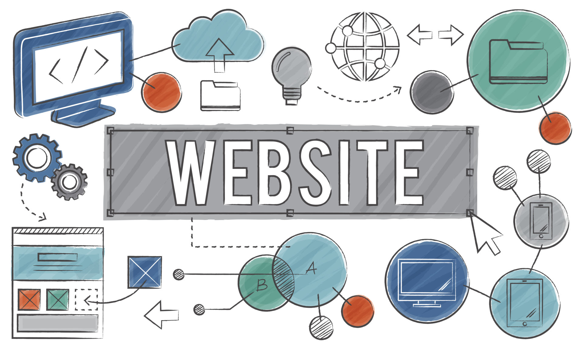 Illustration représentant les différentes étapes de construction d'un site internet, qu'il soit one-page, vitrine ou ecommerce.