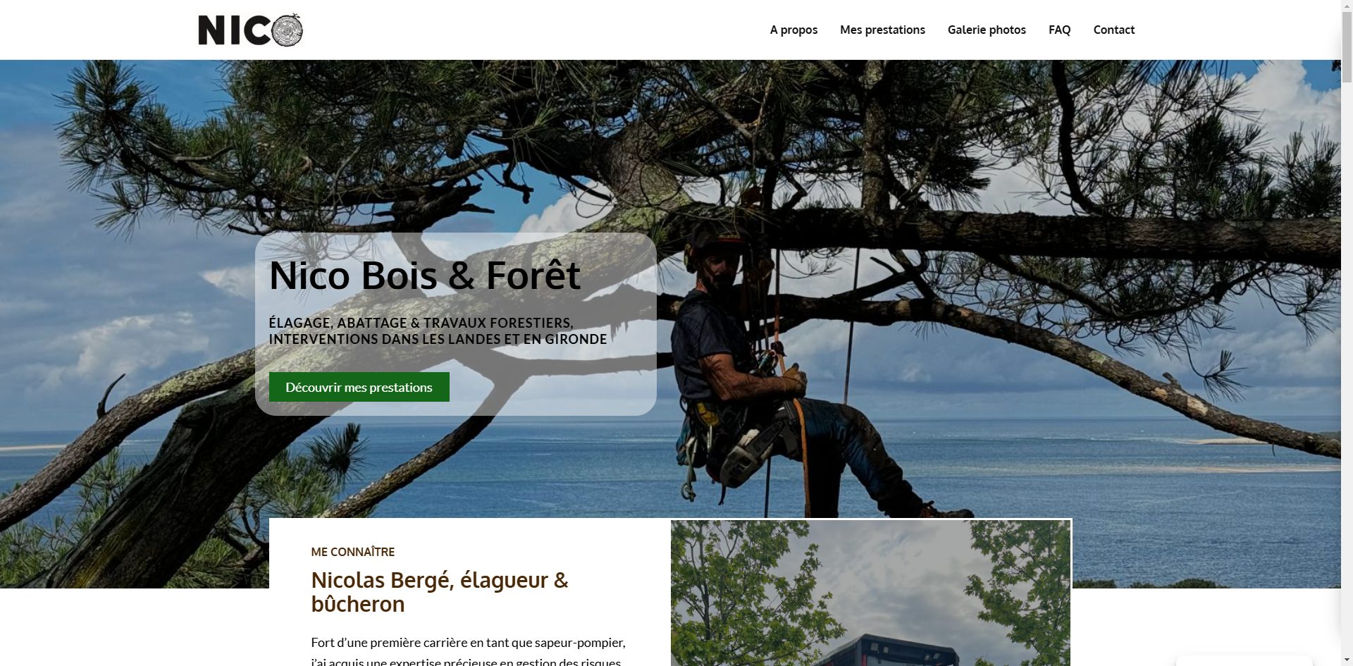 Page d'accueil du site one page de Nico Bois et Forêt, réalisé par Comm' Julie, agence de communication digitale sur le bassin d'Arcachon.