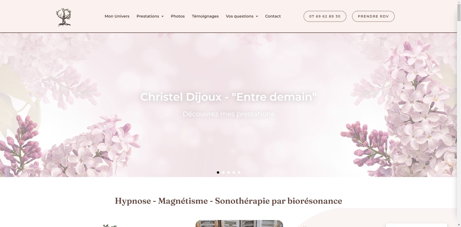 Page d'accueil du site internet one page réalisé pour Christel Dijoux.