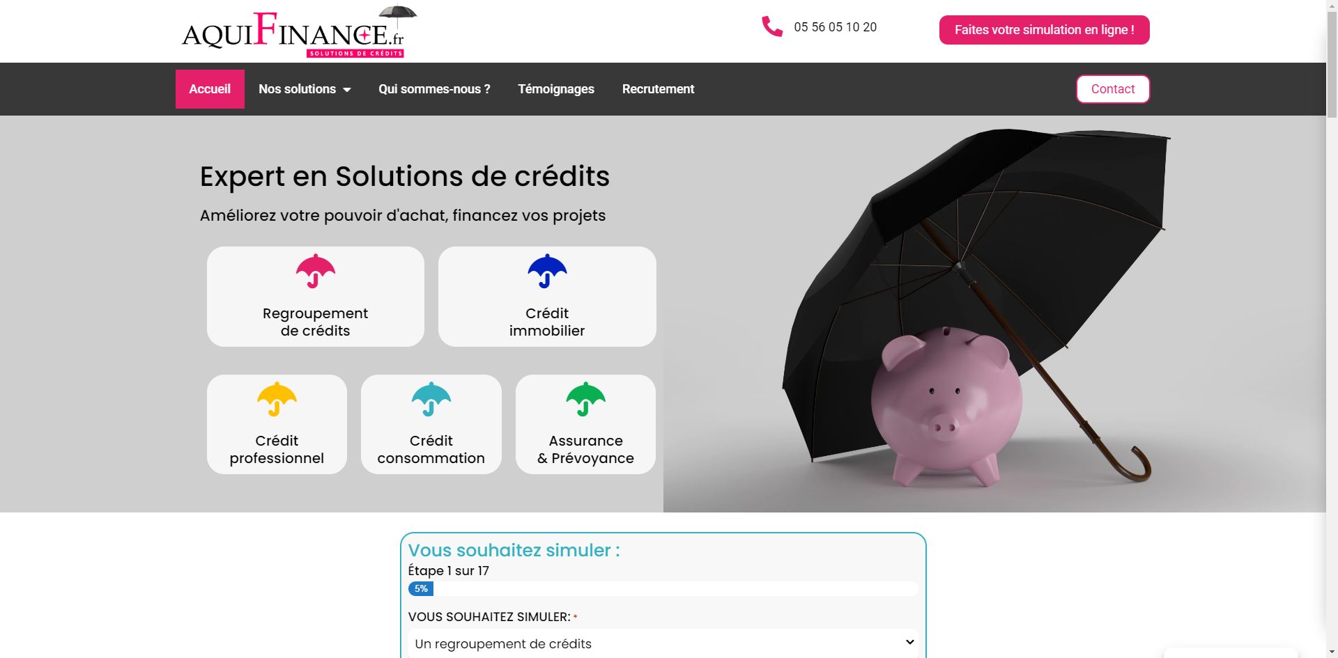 Page d'accueil du site internet vitrine réalisé pour Aquifinance.