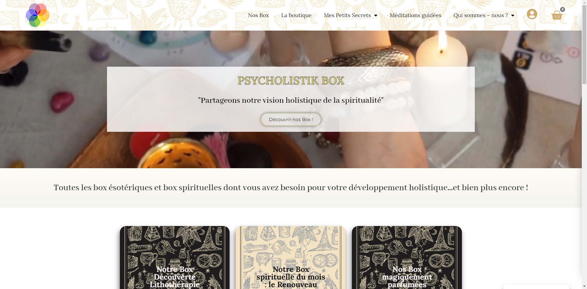 Page d'accueil du site internet e-commerce réalisé par Comm' Julie, pour le site Psycholistik Box.