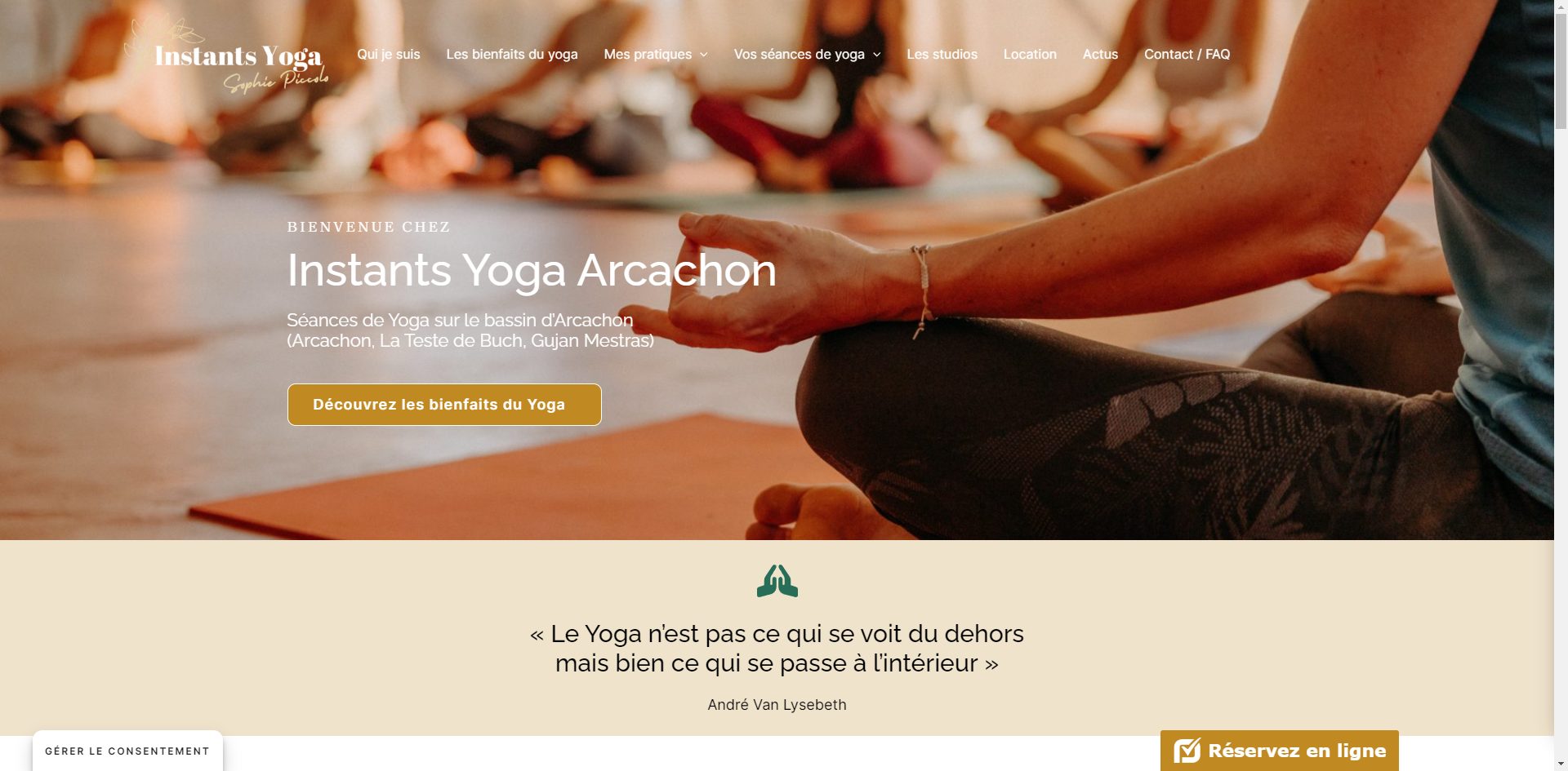 Page d'accueil du site internet vitrine réalisé pour Instants Yoga Arcachon.