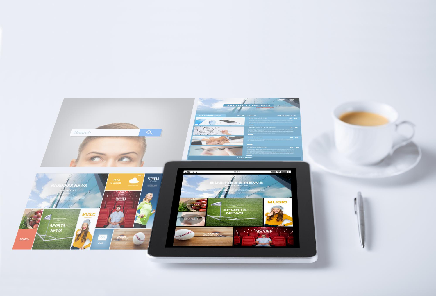 Photo de plusieurs outils de communication : un site internet visible sur une tablette, la plaquette d'une entreprise, un flyer.